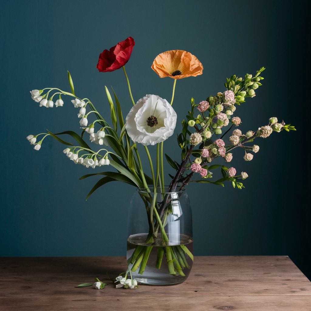 Cut Flowers : Lily of the Valley , Poppies & Viburnum Flowers