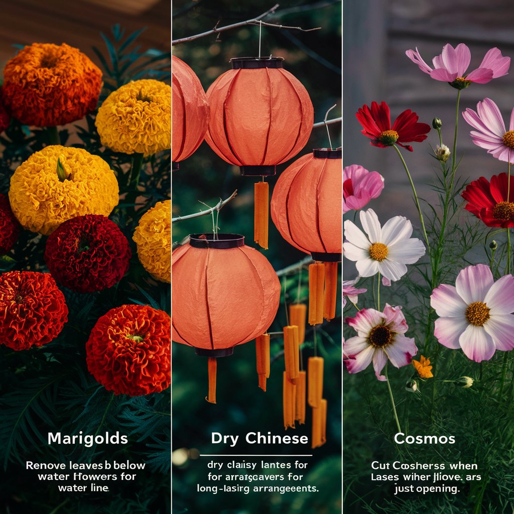 Cut Flowers : Marigolds , Chinese Lanterns & Cosmos Flowers