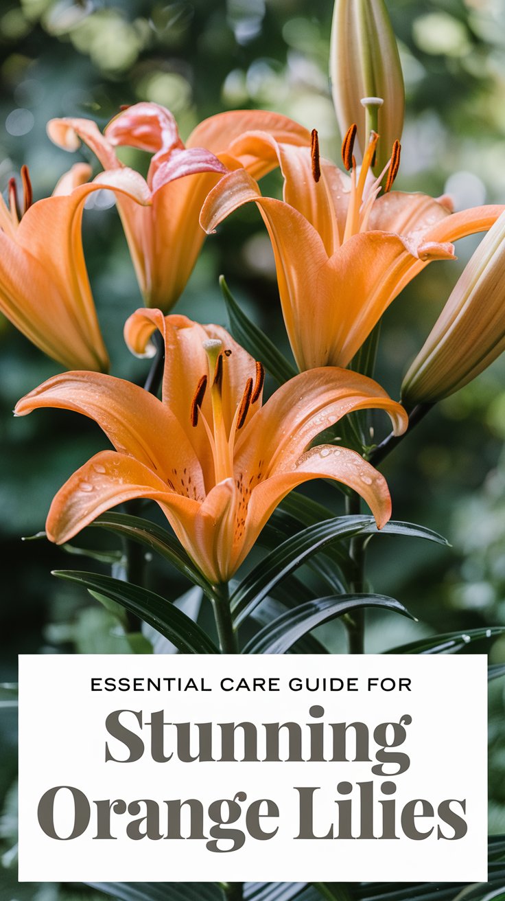 A close-up of vibrant orange lilies in full bloom, with their delicate petals and striking details standing out against lush green foliage. The rich orange color of the flowers contrasts beautifully with the soft sunlight filtering through the garden. A few water droplets on the petals give a fresh, dewy look, enhancing the flower