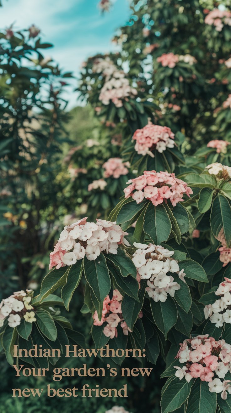 A close-up of Indian Hawthorn shrubs in a lush garden setting, showcasing clusters of delicate pink and white flowers against dense, glossy green leaves. The scene captures a fresh, sunny day with vibrant foliage, hinting at the plant