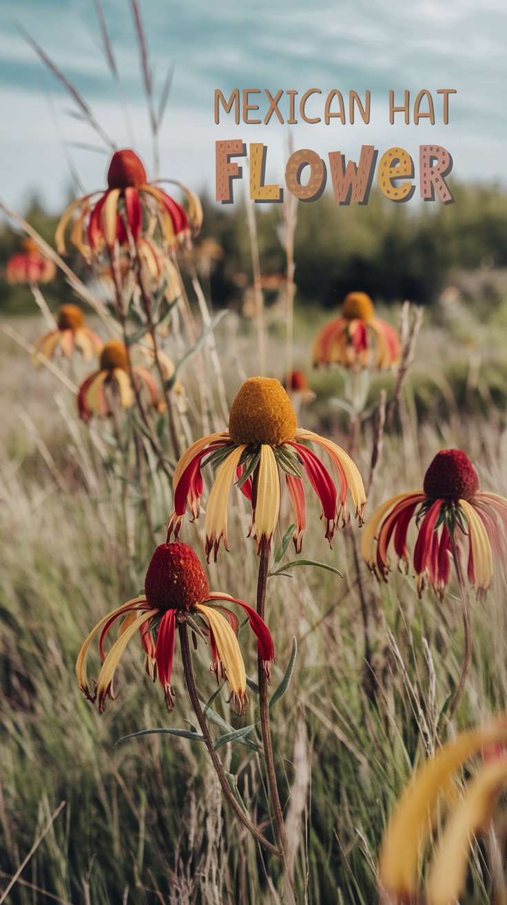 A detailed view of Mexican Hat flowers (Ratibida columnifera) swaying in a breezy, sunlit prairie. The flowers display their iconic sombrero-shaped centers with drooping red and yellow petals, set against a background of tall, native grasses and open blue sky. The atmosphere is bright and rustic, highlighting the unique, whimsical charm of these prairie wildflowers. The text overlay reads