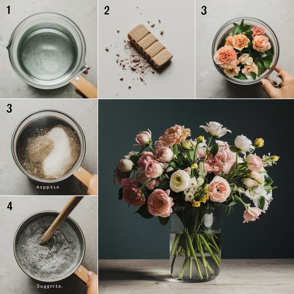 Show a clean container with 1 quart of warm water, a crushed aspirin tablet, 1 tablespoon of sugar, and 1/4 teaspoon of household bleach. Include a visual step-by-step: crushing the aspirin, mixing all ingredients, and stirring. Highlight a vase with fresh flowers benefitting from the mixture. aspirin lowers water pH, aiding flower hydration and nutrient uptake.