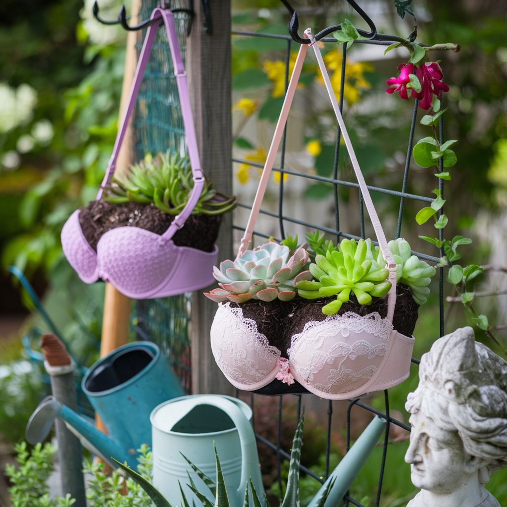 A vibrant garden featuring a DIY hanging planter adorned with colorful flowers and lush green plants.