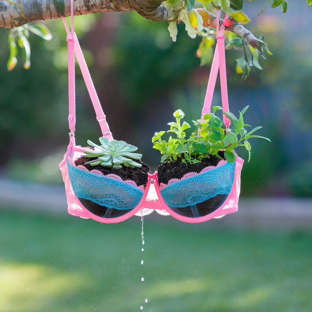 A unique bra adorned with hanging plants, showcasing innovative drainage material for pots in a creative display.