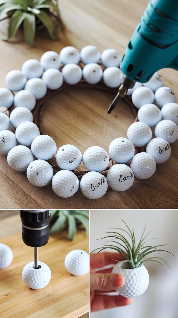 A creative DIY golf ball wreath designed as a planter, showcasing vibrant colors and unique textures for outdoor decor.