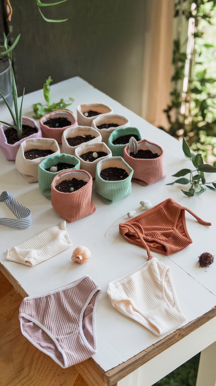 A table adorned with various pots and plants, featuring seed starting pouches for nurturing new growth.