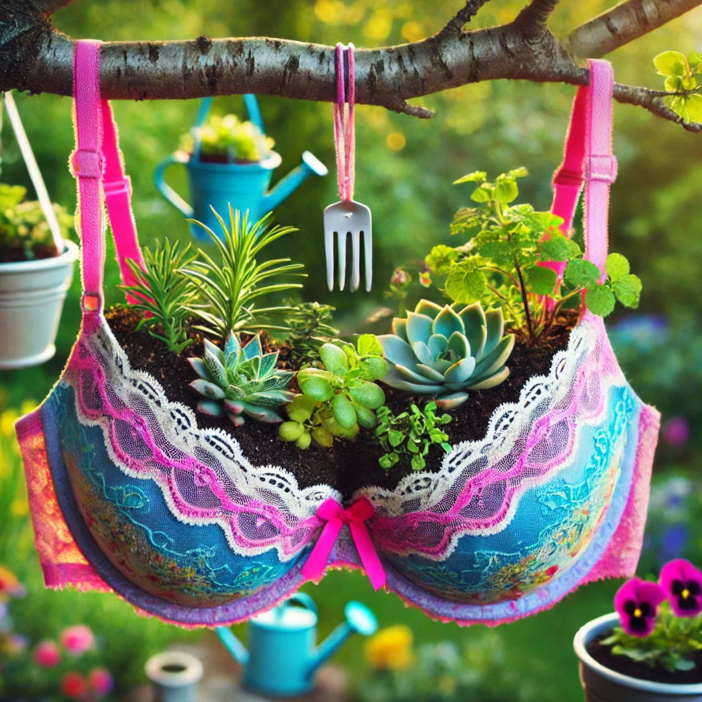 A unique bra adorned with succulents and a fork, showcasing an innovative blend of fashion and nature.