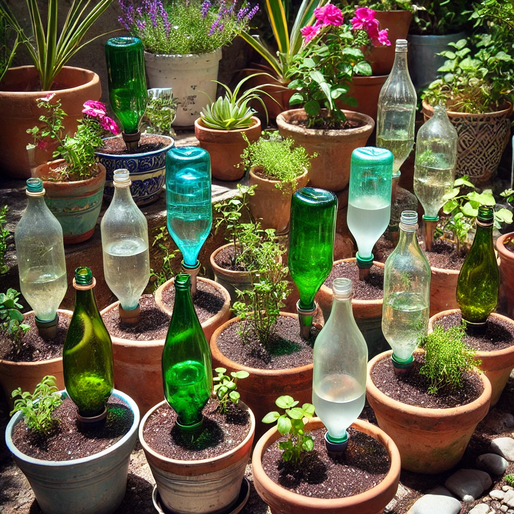 A vibrant garden showcasing DIY self-watering systems with various plants and creatively arranged bottles.