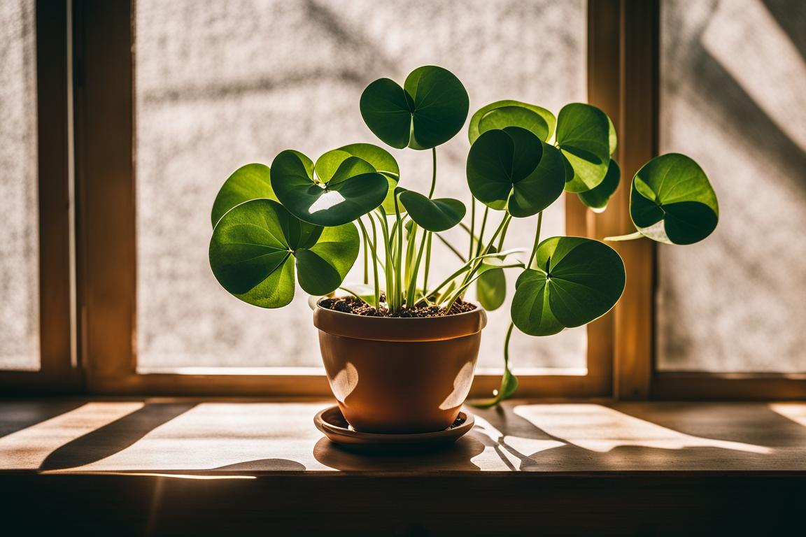 A vibrant Chinese Money Plant (Pilea peperomioides) with lush, round leaves sits gracefully on a wooden table in a cozy, sunlit room. Sunbeams dance through a nearby window, casting playful shadows. The plant
