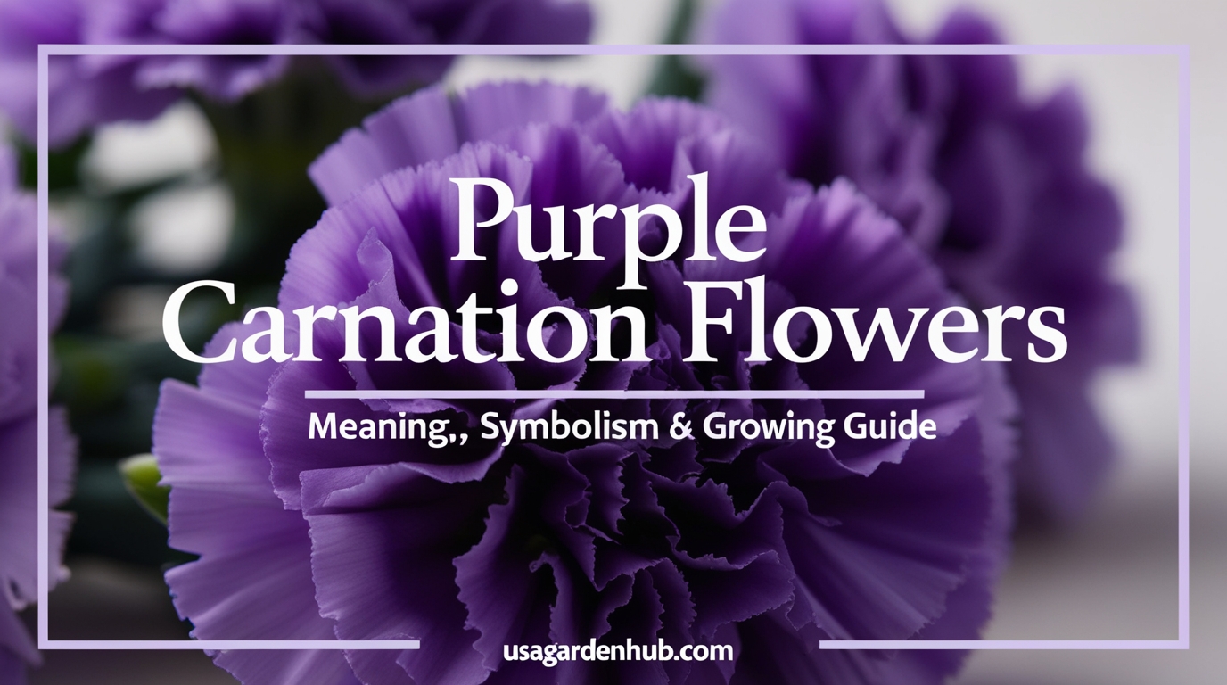 Create a vertical Pinterest pin (1000×1500 px) for the article titled “Purple Carnation Flowers: Meaning, Symbolism and Growing Guide.” Design details: Background: Close-up shot of fresh purple carnation blooms with soft natural lighting. Slight blur around the edges for focus on petals. Headline text: Main: “Purple Carnation Flowers” Subtext: “Meaning, Symbolism & Growing Guide” Font style: Elegant serif for the title; clean sans-serif for the subline. Color palette: Deep purples, soft lavenders, and light neutrals to match the flower’s tone. Overlay: Gentle translucent white or pale lilac gradient for text readability. Branding: Include usagardenhub.com at the bottom in subtle gray or white text. Mood: Graceful and calm — inviting readers to explore both the beauty and significance of these
