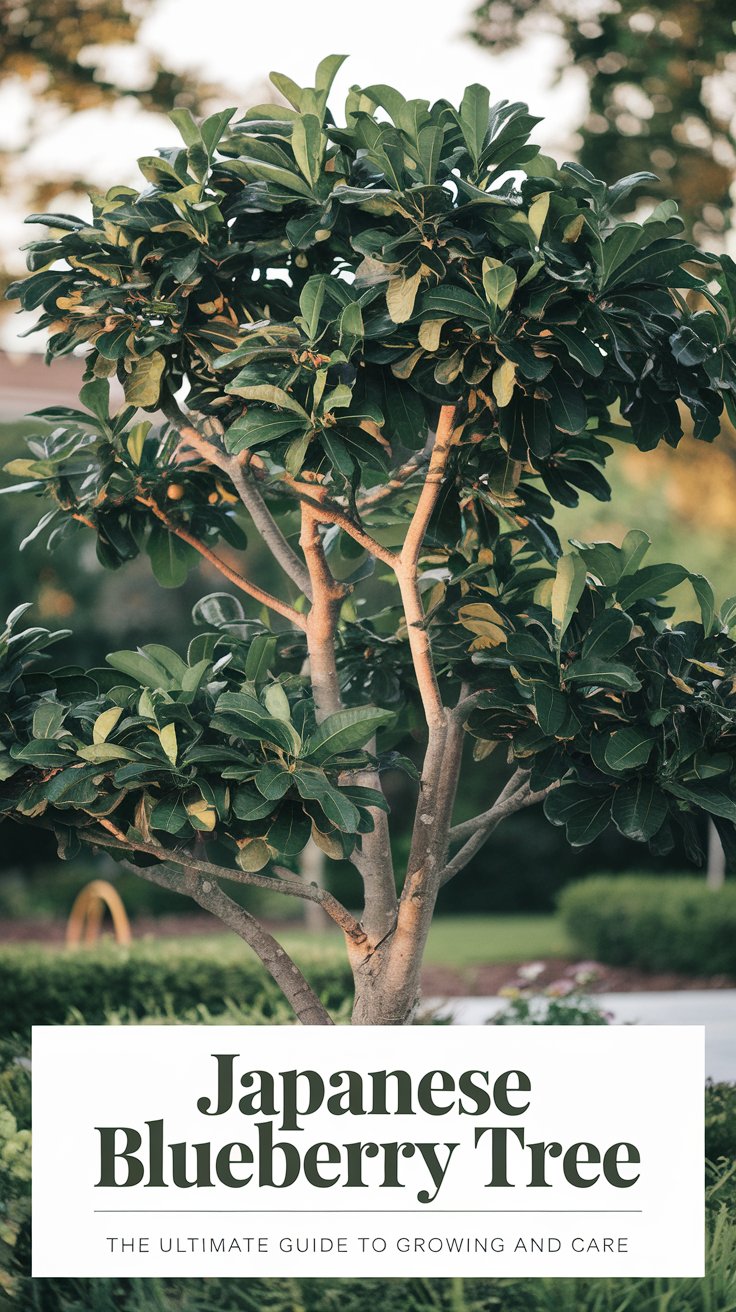 A captivating image of a mature Japanese Blueberry Tree with its lush, dark green foliage and smooth bark, standing tall in a well-maintained garden. The tree