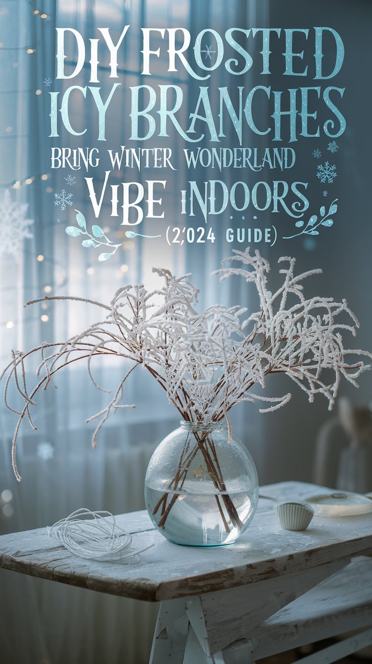 A cozy indoor setting featuring delicate branches coated with a frosted, icy effect, arranged elegantly in a glass vase on a rustic wooden table. Soft, glowing winter light filters through the window, casting a magical, wintry ambiance. The icy branches shimmer with a frosty sheen, creating a winter wonderland vibe indoors. The text overlay reads