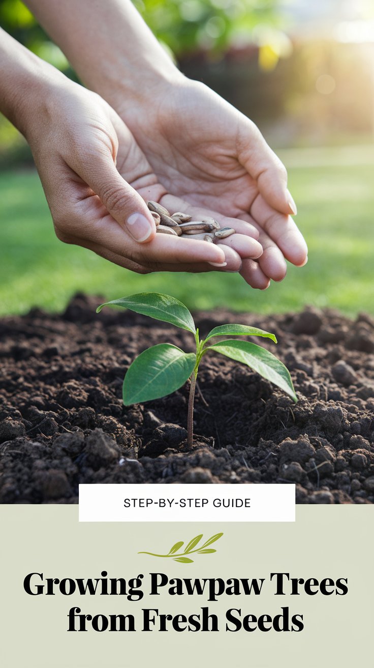 A pair of hands gently holding fresh pawpaw seeds, ready for planting. In the background, a young pawpaw sapling grows in rich soil, with a lush garden and soft sunlight illuminating the scene. The image captures the process of nurturing growth from seed to tree. The text overlay reads