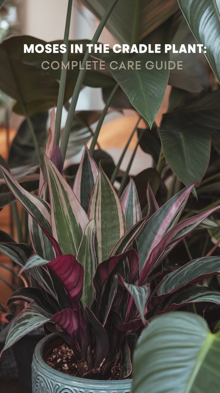Moses in the Cradle (Tradescantia spathacea) is a tropical plant with striking purple and green leaves, known for its rosette growth and ease of care, ideal for indoor or outdoor settings.