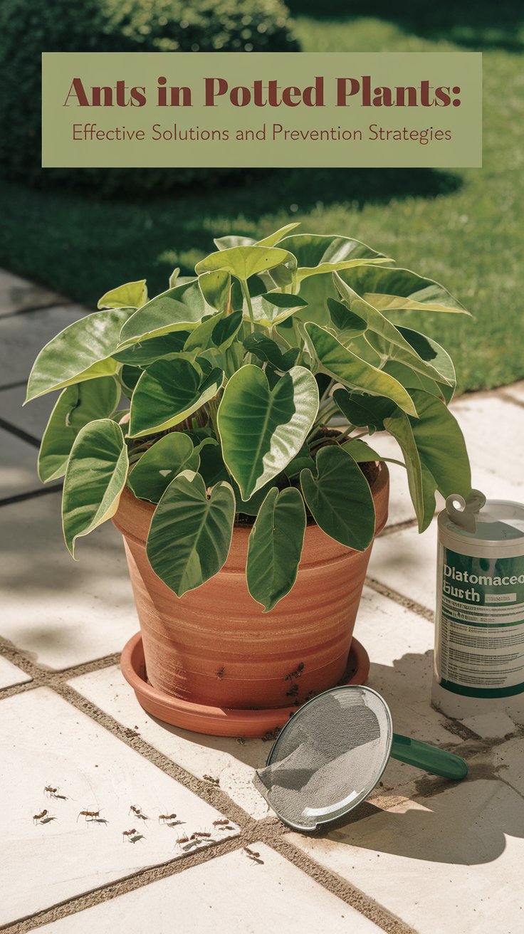 A potted plant with lush green leaves, but with small ants crawling around the soil and pot edges. The plant is set on a sunny patio, and the scene captures the concern of ants infesting the pot. Nearby, eco-friendly pest control items like diatomaceous earth and a watering can are strategically placed, symbolizing solutions. The background is a well-kept garden, hinting at preventive care. The text overlay reads