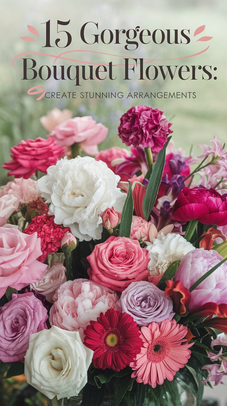 A vibrant display of 15 gorgeous bouquet flowers in a variety of colors and shapes, including roses, peonies, lilies, and daisies. The flowers are artfully arranged in a lush, full bouquet with shades of pink, white, red, and purple, creating a stunning visual impact. The backdrop is a soft, blurred garden scene that emphasizes the freshness and beauty of the flowers. The text overlay reads