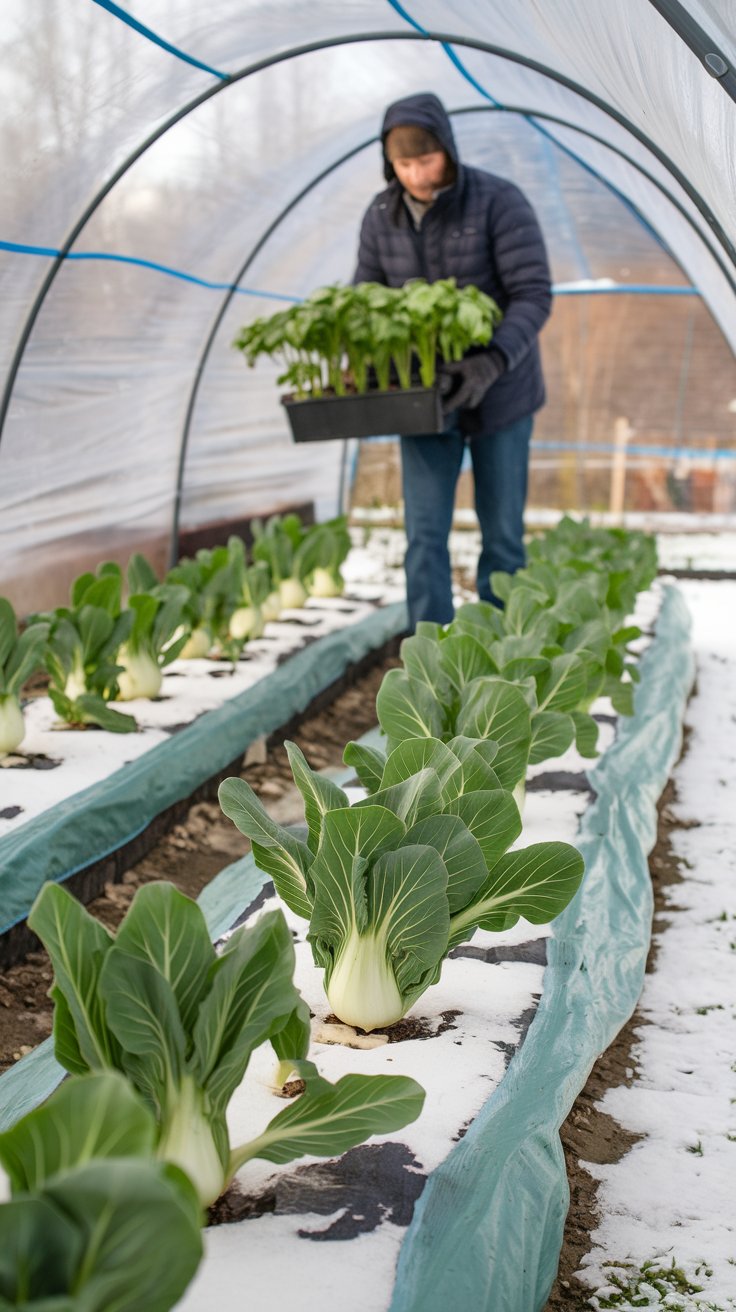 A winter garden scene featuring bok choi plants protected from frost with row covers and cold frames. In the foreground, a gardener moves containers of bok choi to a sheltered location during extreme cold, ensuring the plants survive throughout winter. The bok choi thrives under protection, with frost-resistant varieties growing strong. Snow gently dusts the garden, emphasizing the need for cold protection. Text overlay reads,