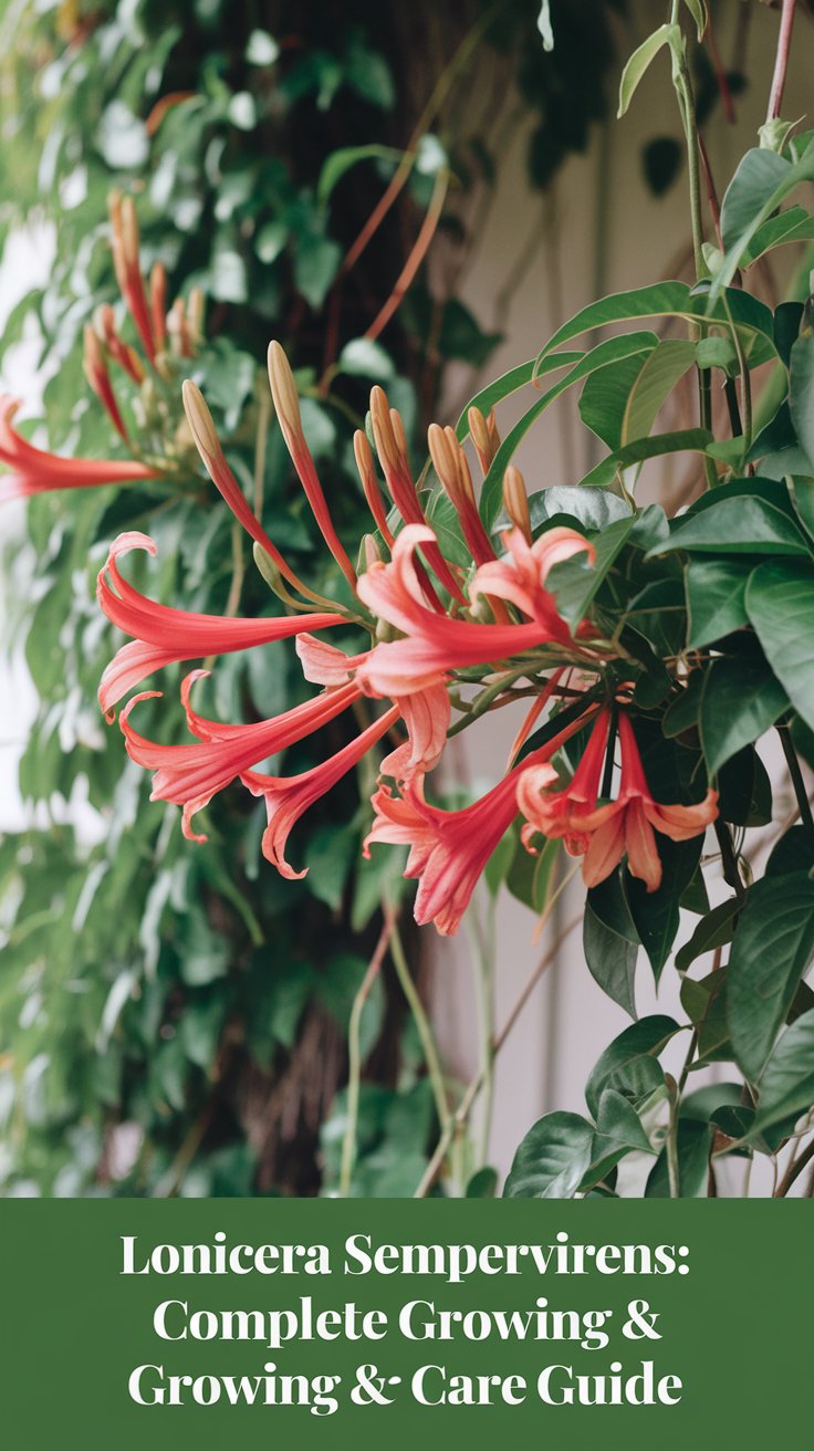 Design a nature-inspired Pinterest pin for Lonicera Sempervirens (Trumpet Honeysuckle): A Complete Growing and Care Guide. The pin should prominently feature a close-up of the vibrant trumpet-shaped flowers in full bloom, with their red-orange hues against a lush green background of vines and leaves. The overall vibe should be bright, fresh, and welcoming, highlighting the plant’s beauty and ability to attract pollinators like hummingbirds.
For the title, use bold, elegant typography at the top: “Lonicera Sempervirens: Complete Growing & Care Guide”. Below the image, include a call-to-action like: “Learn how to grow and maintain this stunning vine!”.