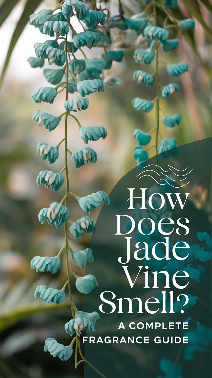Design a Pinterest pin focusing on the enchanting Jade Vine, with its unique turquoise-blue, claw-shaped flowers displayed against a soft, blurred jungle or botanical garden background. Capture the vine cascading gracefully to evoke an exotic atmosphere. Use a text overlay that reads: How Does Jade Vine Smell? A Complete Fragrance Guide, in a refined, delicate font that matches the plant
