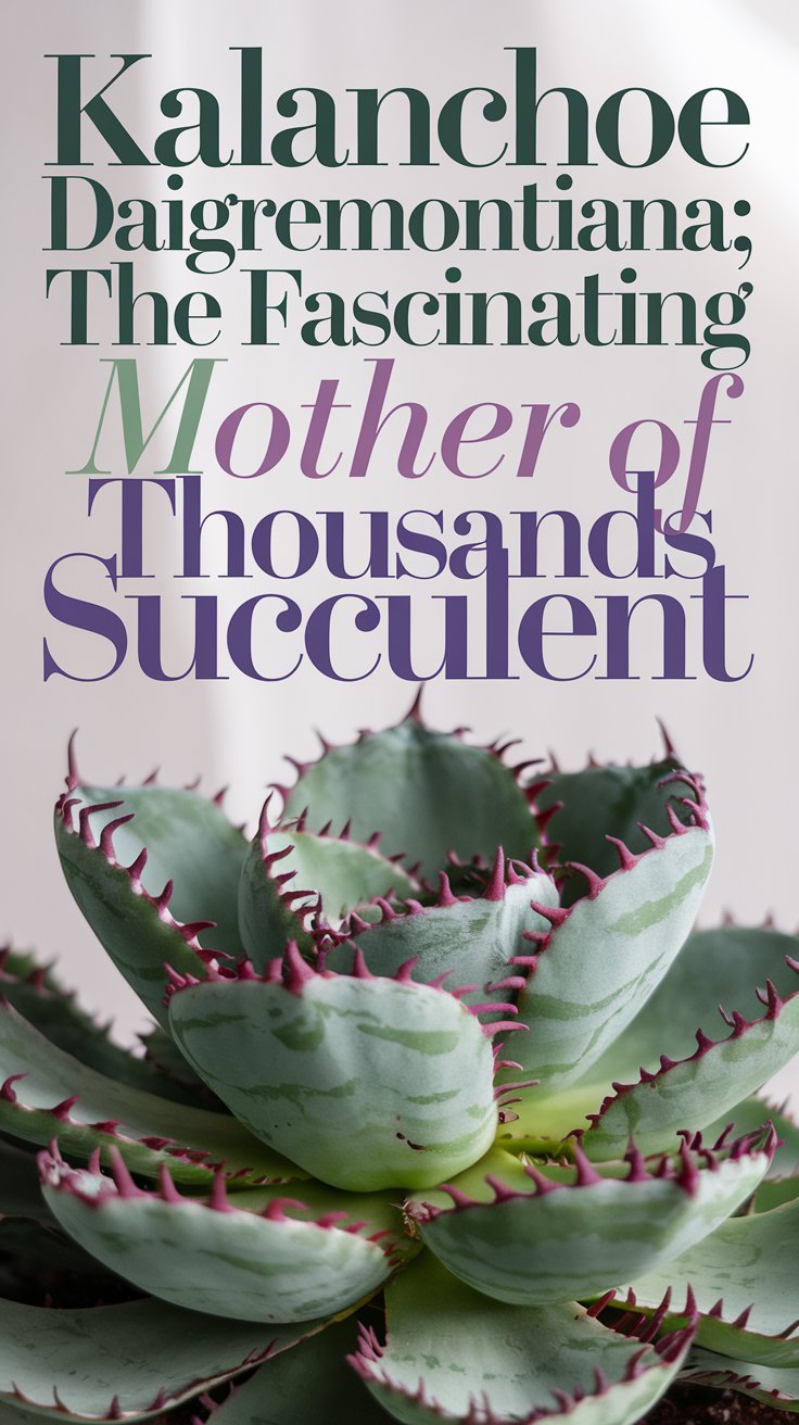 A striking close-up of the Kalanchoe daigremontiana, also known as the Mother of Thousands, displaying its unique serrated leaves lined with tiny plantlets along the edges. The plant