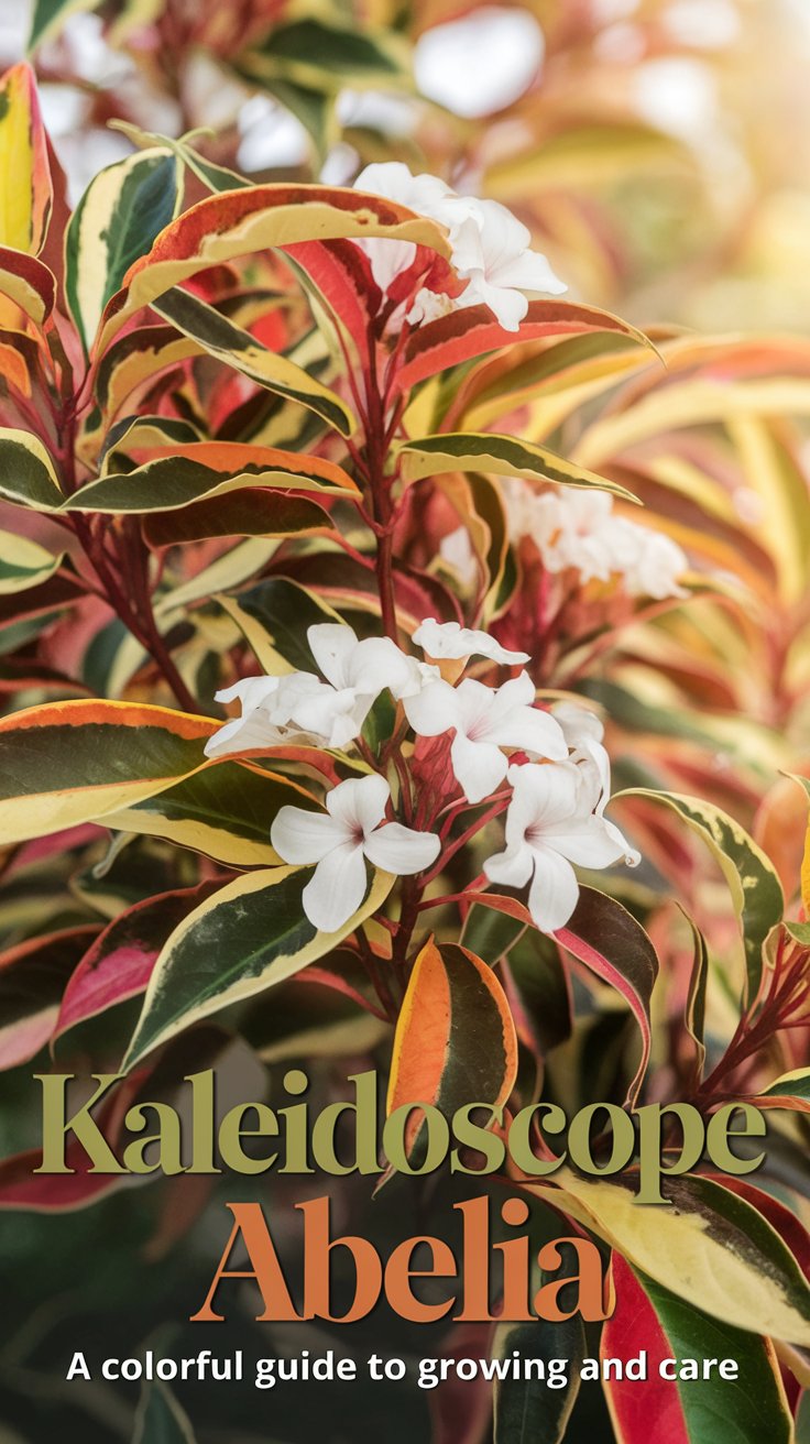 A photo of a vibrant close-up of Kaleidoscope Abelia. The plant has colorful foliage with shades of green, yellow, orange, and red, along with delicate white blooms. The leaves form a striking pattern, creating a visual kaleidoscope effect. The background is a sunlit garden scene, softly blurred to focus attention on the plant’s colorful display. The text overlay reads