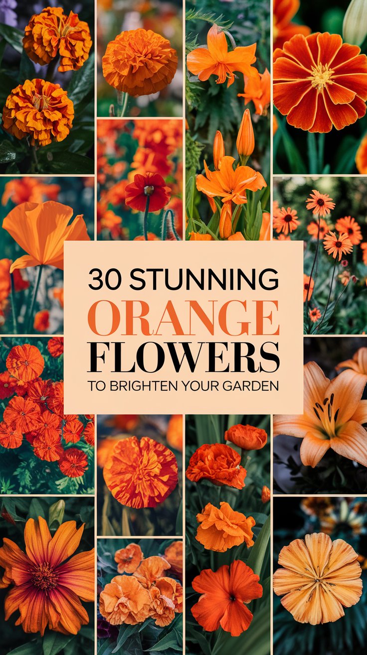 A vibrant collage of different orange flowers in full bloom, such as marigolds, poppies, and lilies, creating a stunning array of bright orange hues. The flowers are set against a lush green garden backdrop, with the sunlight casting a warm glow over the petals. Each flower stands out with rich, fiery tones that brighten the scene. The text overlay reads