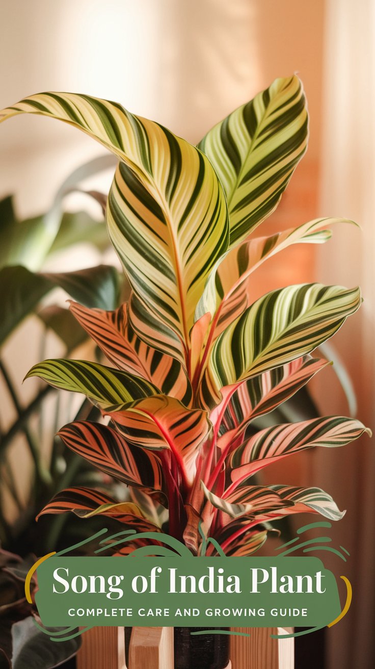 A vibrant close-up of the Song of India plant, showcasing its striking, bright green and yellow striped leaves in an elegant spiral pattern. The plant’s lush foliage radiates health and vitality, contrasting beautifully against a softly blurred indoor or garden background with warm natural light. The text overlay reads