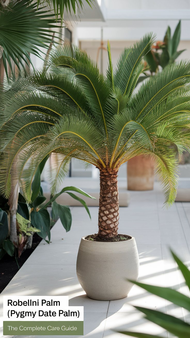 The Robellini Palm (Phoenix roebelenii), also known as the Pygmy Date Palm, is a small, graceful palm tree with feathery, arching fronds, commonly used in landscaping or as an indoor ornamental plant.
