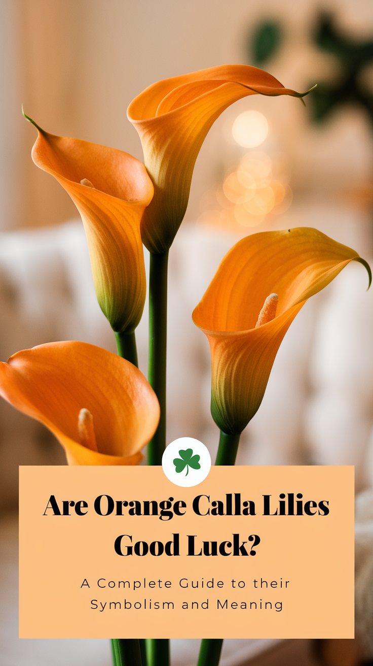Create a Pinterest pin with a focus on vibrant orange calla lilies in a soft, elegant setting. Display the flowers against a lightly blurred background, such as a cozy indoor space or a peaceful garden, to evoke warmth and positivity. Capture the graceful, trumpet-like shape of the blooms with rich, glowing orange tones. Include a text overlay reading: Are Orange Calla Lilies Good Luck? A Complete Guide to Their Symbolism and Meaning in an elegant, flowing font. Add subtle icons or accents like a small luck symbol (like a four-leaf clover) or a heart to suggest themes of luck and meaning, making it visually appealing and inviting.