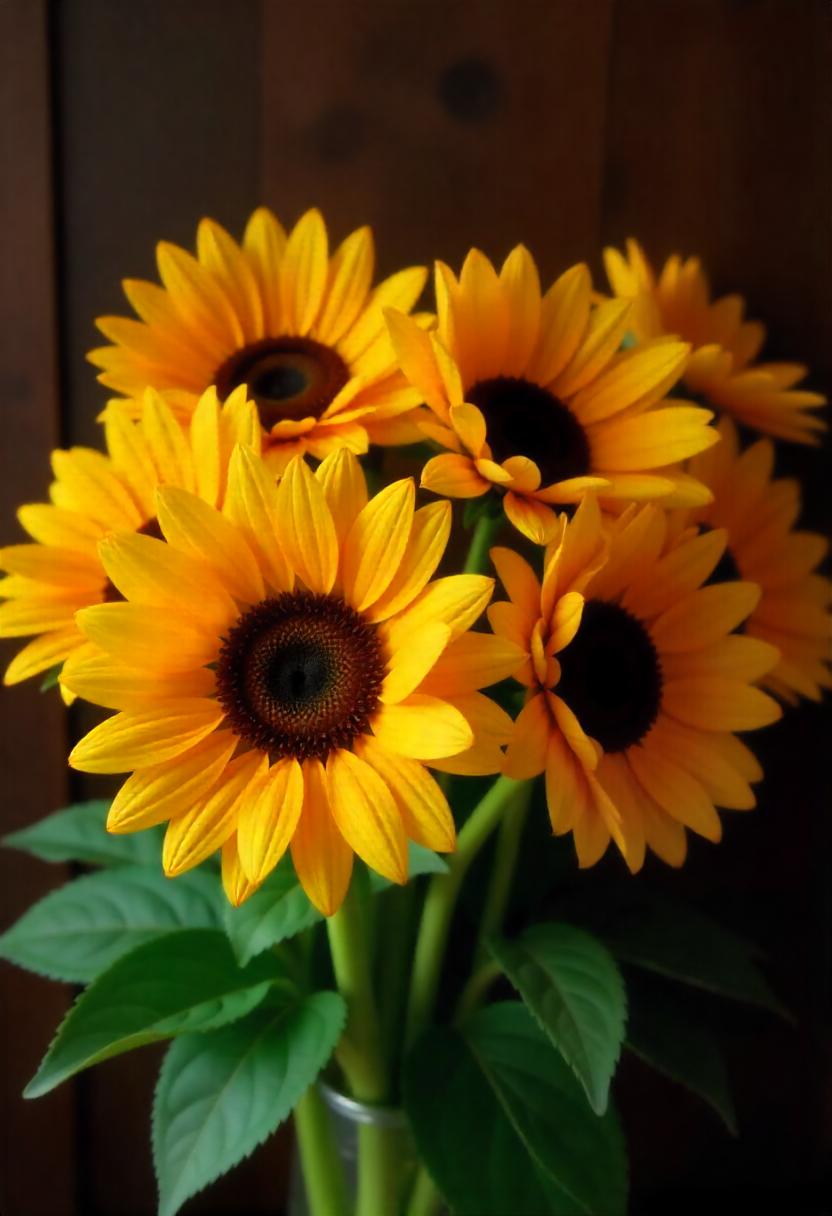 A cheerful bouquet of sunflowers in full bloom, displaying their iconic bright yellow petals and dark brown centers. The sunflowers stand tall and vibrant, surrounded by lush green leaves, capturing the essence of summer. Soft sunlight enhances the golden hues of the petals, creating a warm and inviting atmosphere. The arrangement is set against a rustic wooden background, adding a natural touch.