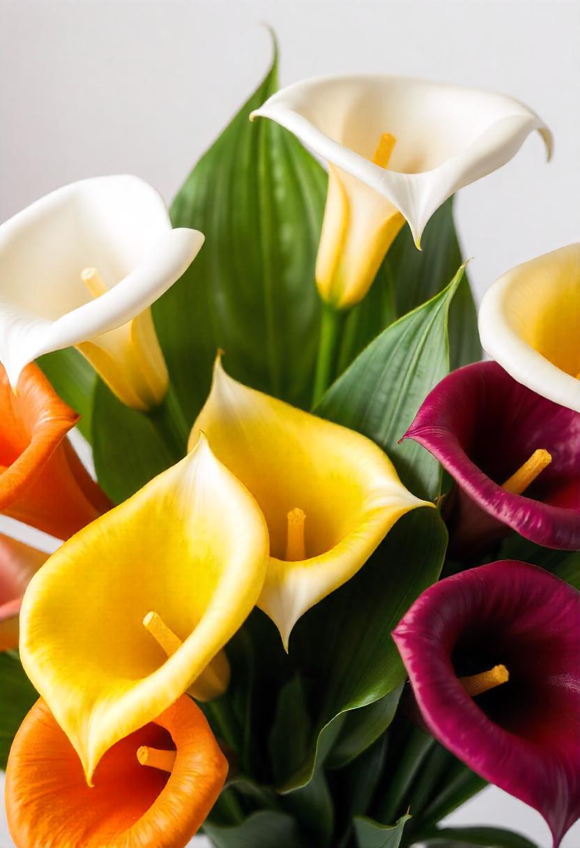 A striking arrangement of calla lilies showcasing their elegant trumpet-shaped blooms in colors like white, yellow, pink, orange, and deep purple. The smooth, waxy petals are highlighted by soft lighting, accentuating their graceful curves. Surrounding the calla lilies are rich green leaves, adding contrast and depth to the composition. The background is softly blurred to emphasize the flowers, creating a serene and sophisticated atmosphere.