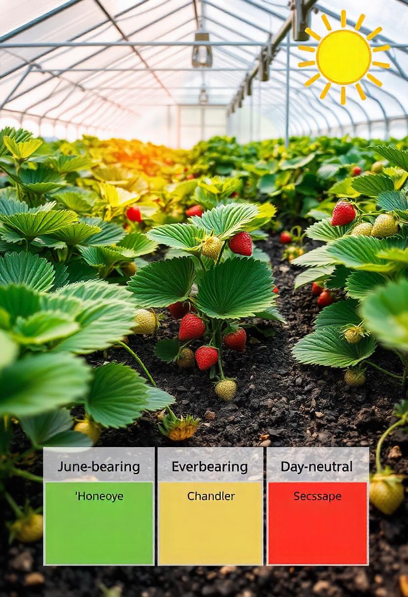 An image showcasing different strawberry plant varieties, each labeled with their respective names: June-bearing