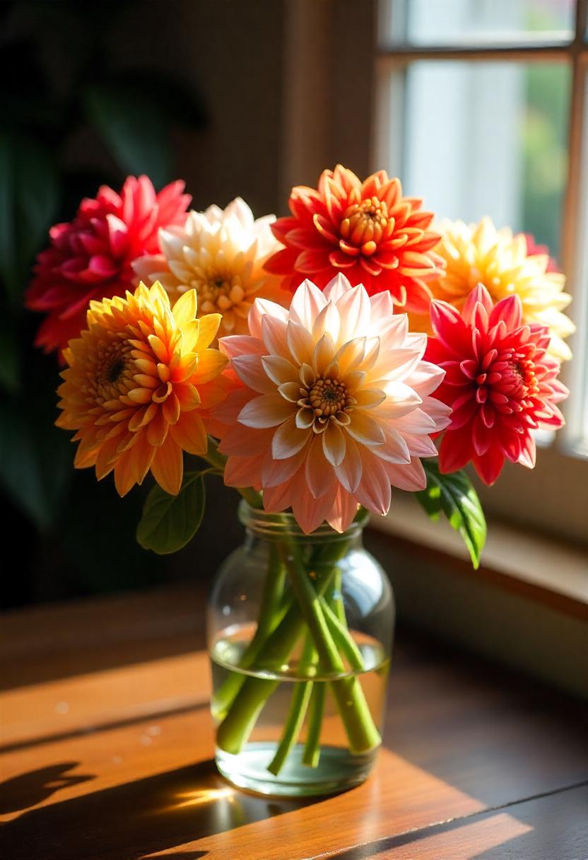 A breathtaking arrangement of dahlias in a vase, featuring their characteristic large, bushy blooms in a mix of vibrant colors like deep red, bright yellow, soft pink, and white. The intricate petal patterns and textures create a stunning visual impact. Sunlight filters through, casting a warm glow on the flowers, enhancing their rich hues.