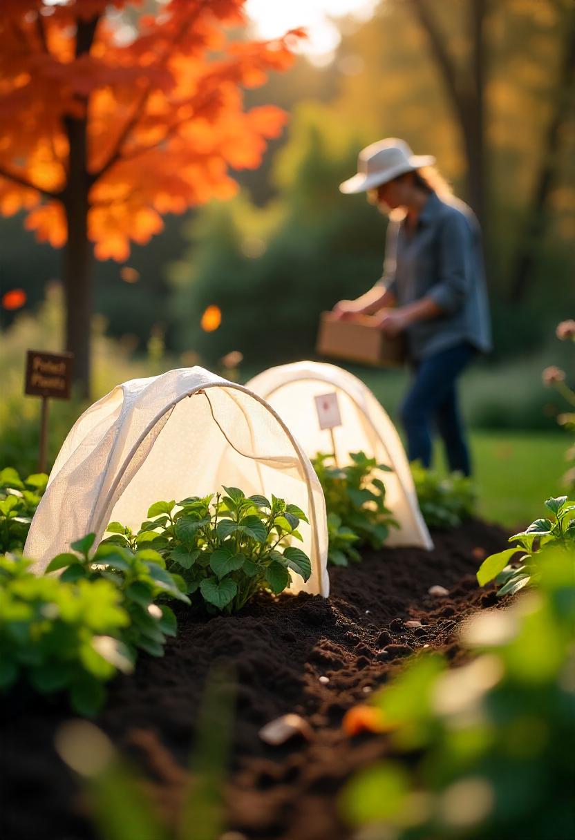 A cozy garden scene during early fall, showcasing various tender plants like young seedlings and flowering herbs. The foreground features delicate plants covered with lightweight fabric cloches or frost blankets, protecting them from the cooler temperatures. In the background, colorful autumn leaves gently fall from trees, creating a seasonal atmosphere. A gardener is seen carefully inspecting the protected plants, ensuring they are safe from the elements. Soft, golden sunlight filters through the trees, highlighting the vibrant greens of the tender plants. A small garden sign reads