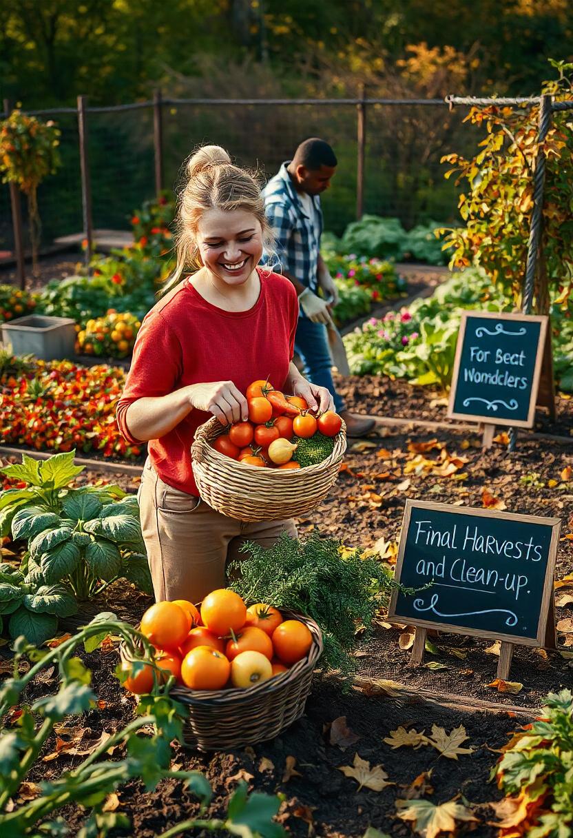 A picturesque autumn garden scene depicting the final harvest of vegetables and flowers. In the foreground, a gardener is joyfully collecting the last ripe tomatoes, carrots, and squash, placing them into a woven basket. The garden beds show signs of a fruitful season, with some plants still bearing fruits while others are beginning to wilt. In the background, colorful fallen leaves blanket the soil, and a few spent plants are being carefully removed. Tools like a trowel and gloves rest nearby, indicating the clean-up process. Soft afternoon light bathes the scene, creating a warm and inviting atmosphere, while a small chalkboard sign in the garden reads