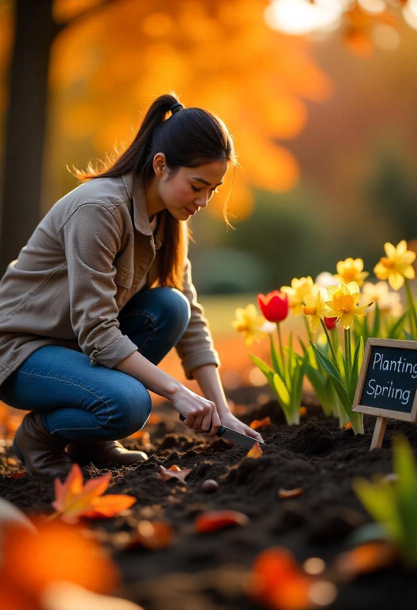 A colorful autumn garden scene showcasing the process of planting spring-flowering bulbs. In the foreground, a gardener is kneeling beside a prepared planting bed, carefully placing healthy, firm bulbs such as tulips, daffodils, crocuses, and hyacinths into the soil. A small bag of bone meal or bulb fertilizer sits nearby, ready to be added to the planting holes. The bulbs are nestled in the rich, dark soil, and the gardener is using a trowel to cover them up. Surrounding the planting area are beautiful fall leaves in shades of red, orange, and yellow, hinting at the transition of seasons. A small chalkboard sign reads