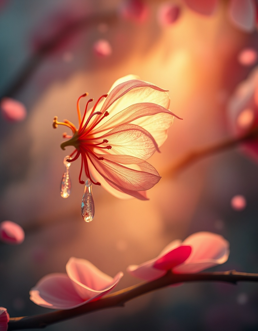 Depict a withered flower with glistening tears that catch the light, set against a backdrop of softly falling cherry blossom petals. Incorporate a subtle, misty atmosphere to evoke a sense of transience. Use delicate, muted colors to enhance the feeling of impermanence, while hints of vibrant color represent the beauty of the present moment. Include calligraphy or symbols inspired by the concept of mono no aware, blending traditional and modern elements. The overall composition should evoke a bittersweet appreciation for fleeting beauty, inviting viewers to reflect on the depth of their experiences in a transient world.
