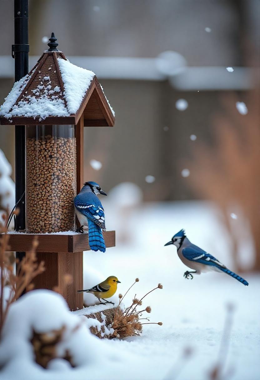 A charming winter garden scene focused on caring for wildlife during the colder months. In the foreground, a colorful bird feeder filled with sunflower seeds and suet is attracting various birds, which are perched nearby. A small heated water source is visible, ensuring that the birds have access to fresh water, even in the cold. The garden is intentionally left a bit