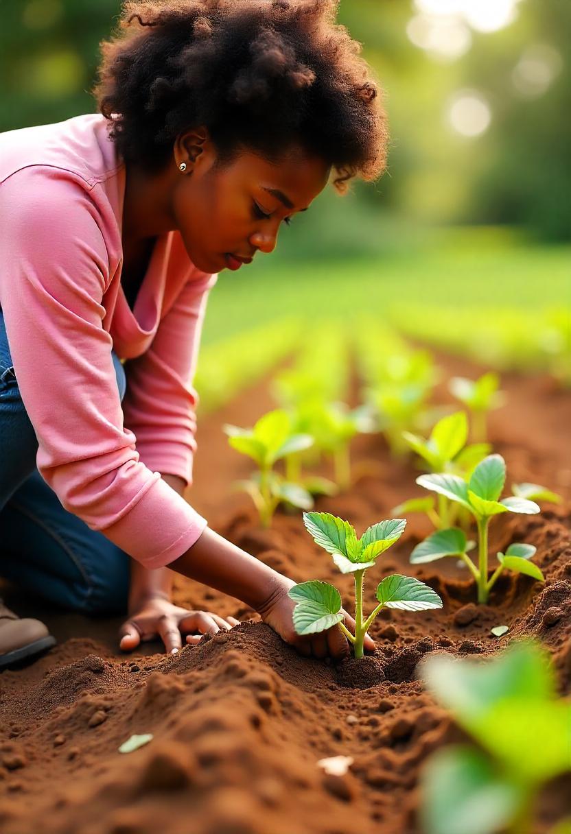An illustration showing the process of planting strawberry seedlings. Depict gardeners spacing the plants about 12-18 inches apart, placing them into small holes in prepared soil. Show the roots being gently spread in the hole, with the crown (the point where roots meet the stem) sitting at soil level. The image should include labels for important steps like