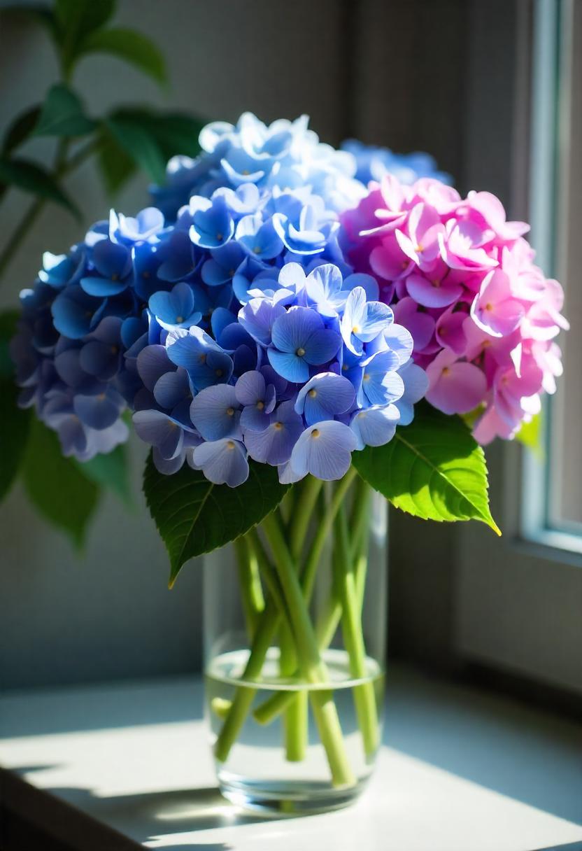 A lush bouquet of hydrangeas in a vase, featuring their iconic large, rounded flower heads in soft shades of blue, pink, and lavender. The intricate clusters of blooms create a full and voluminous appearance, complemented by rich green foliage. Soft sunlight bathes the arrangement, highlighting the delicate textures of the petals.