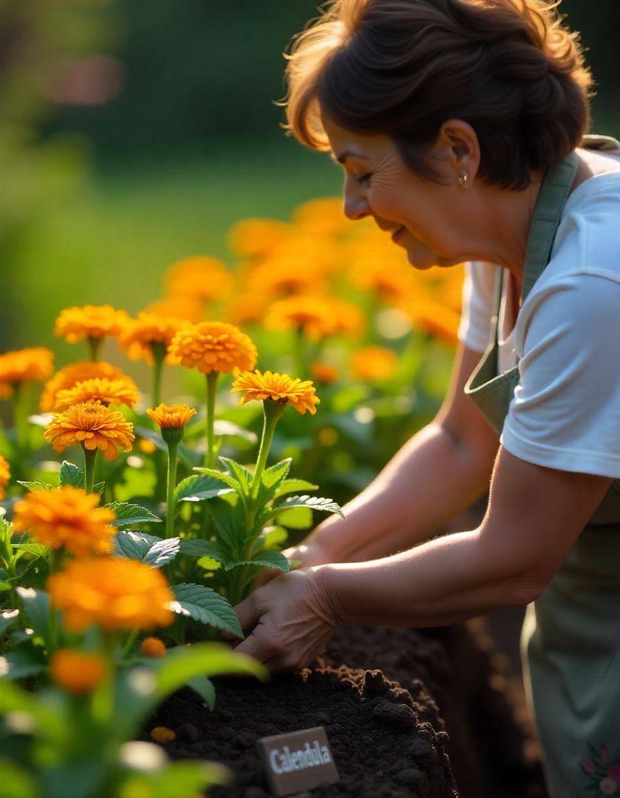 A close-up of healthy calendula plants in a garden, with vibrant yellow and orange blooms standing out against rich green foliage. The flowers are bathed in soft sunlight, highlighting their natural beauty. The soil is well-tended, with small signs indicating