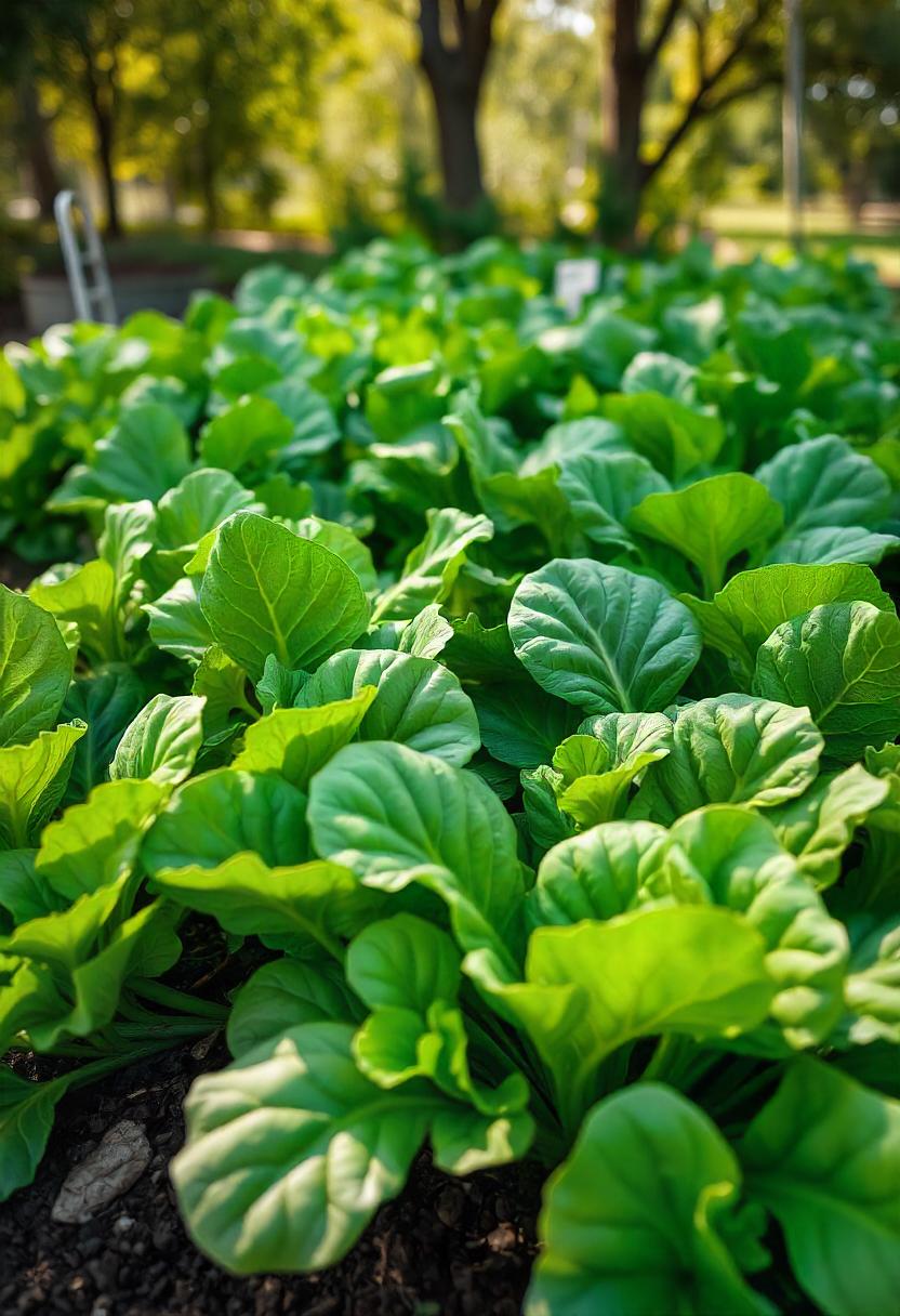 A vibrant garden bed full of mustard greens with their large, glossy, slightly crinkled leaves spreading out. The leaves range from a rich green to a lighter shade, some young and tender, ready for harvest. The focus is on the distinct texture and the slight curl of the mustard greens, emphasizing their spicy flavor. A gardener’s hand is gently harvesting young leaves, showcasing their milder taste. The background features healthy, dark soil, and soft sunlight highlights the fresh, spicy nature of the greens. A small garden marker identifies the plant as