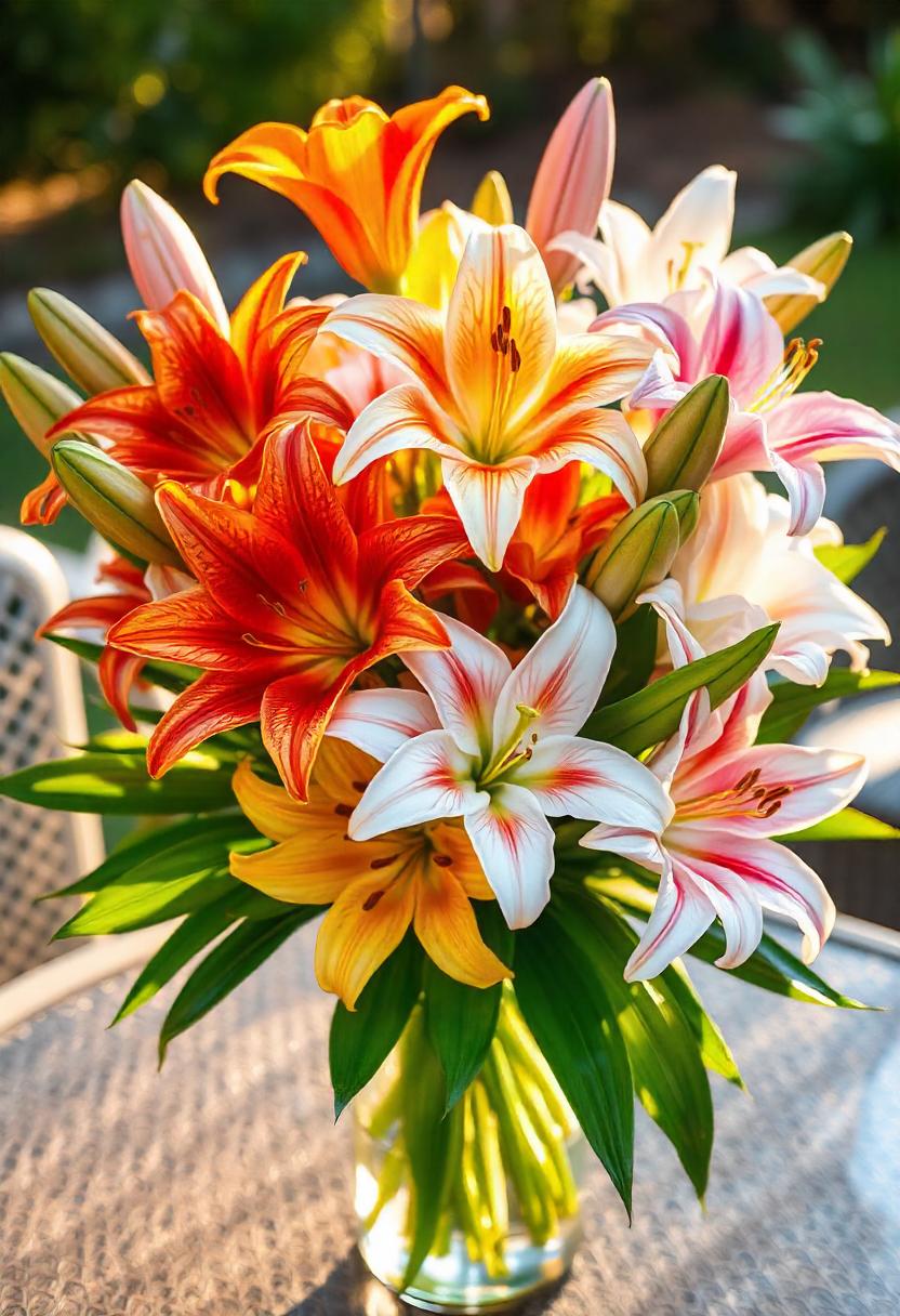 A stunning arrangement of various lily flowers in a vibrant bouquet, showcasing a mix of colors like bright orange, soft pink, and classic white. The large, elegant blooms feature unique patterns and shapes, with prominent stamens adding a touch of drama. Lush green leaves provide a beautiful contrast against the colorful petals. The arrangement is bathed in warm, natural light, enhancing the richness of the colors.
