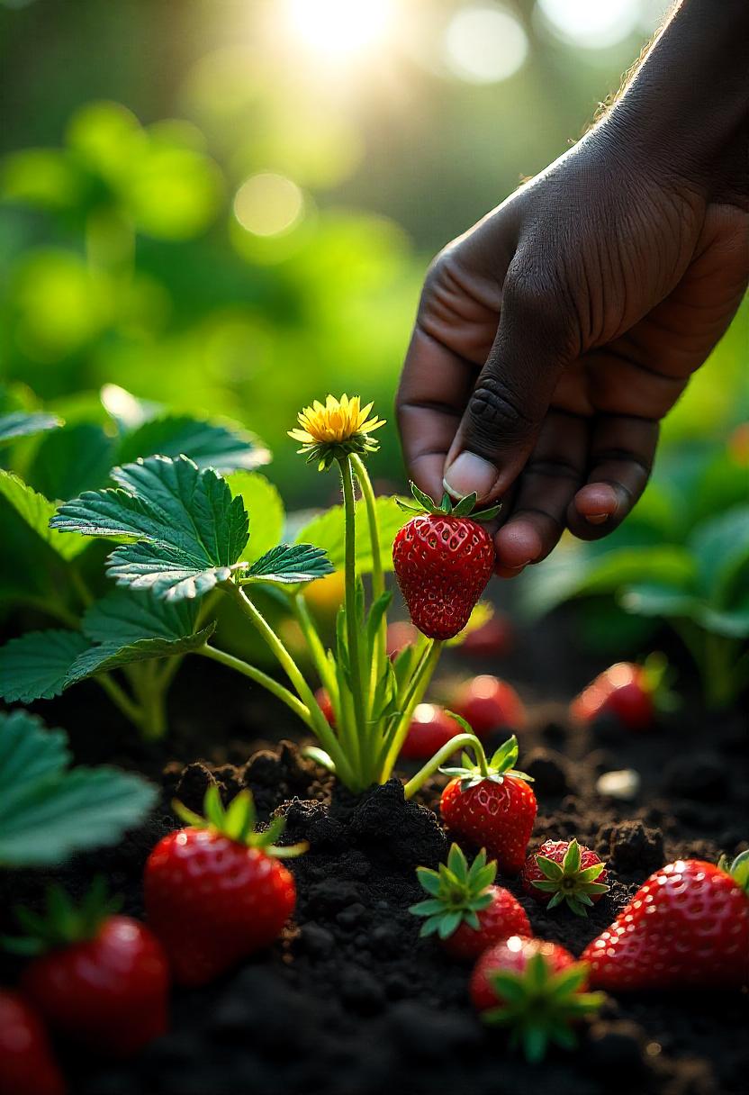 Create a detailed illustration showcasing a strawberry plant with vibrant red strawberries and green leaves. Highlight the runners extending from the main plant, some rooting into the soil while others are being trimmed. Include a hand gently pinching off flowers to emphasize care. The background should depict a sunny garden setting, with a mix of healthy strawberries and flower buds.