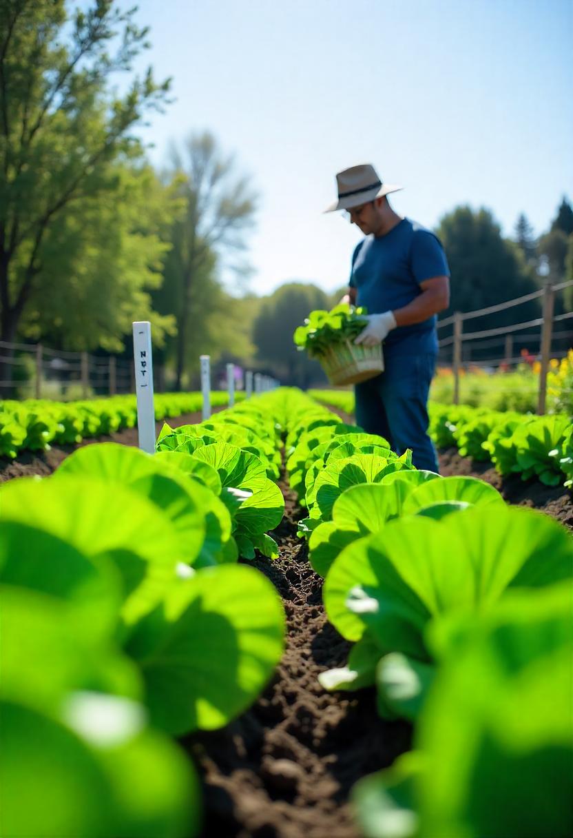 A thriving garden filled with mature Bok Choy plants, showcasing their vibrant green leaves and crisp, white stems. The Bok Choy heads are tightly packed and upright, creating a lush, leafy canopy above the soil. Some of the plants are at various stages of maturity, with a few ready for harvest, emphasizing their quick growth cycle of 45-50 days. A gardener is seen inspecting the plants, holding a basket ready to collect fresh Bok Choy for a stir-fry. The sun casts warm light over the scene, highlighting the freshness and vitality of the plants. A small garden marker is visible, clearly labeled