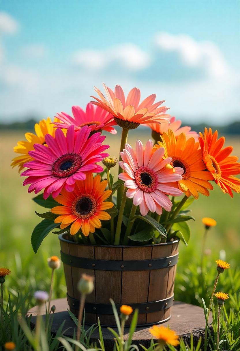 A cheerful arrangement of gerbera daisies showcasing vibrant colors like hot pink, orange, and yellow. The large, daisy-like flowers feature bold petals radiating from a dark center, creating a stunning visual impact. Surrounding greenery adds a fresh touch, enhancing the lively presentation. The background is a softly blurred garden scene, emphasizing the bright blooms.