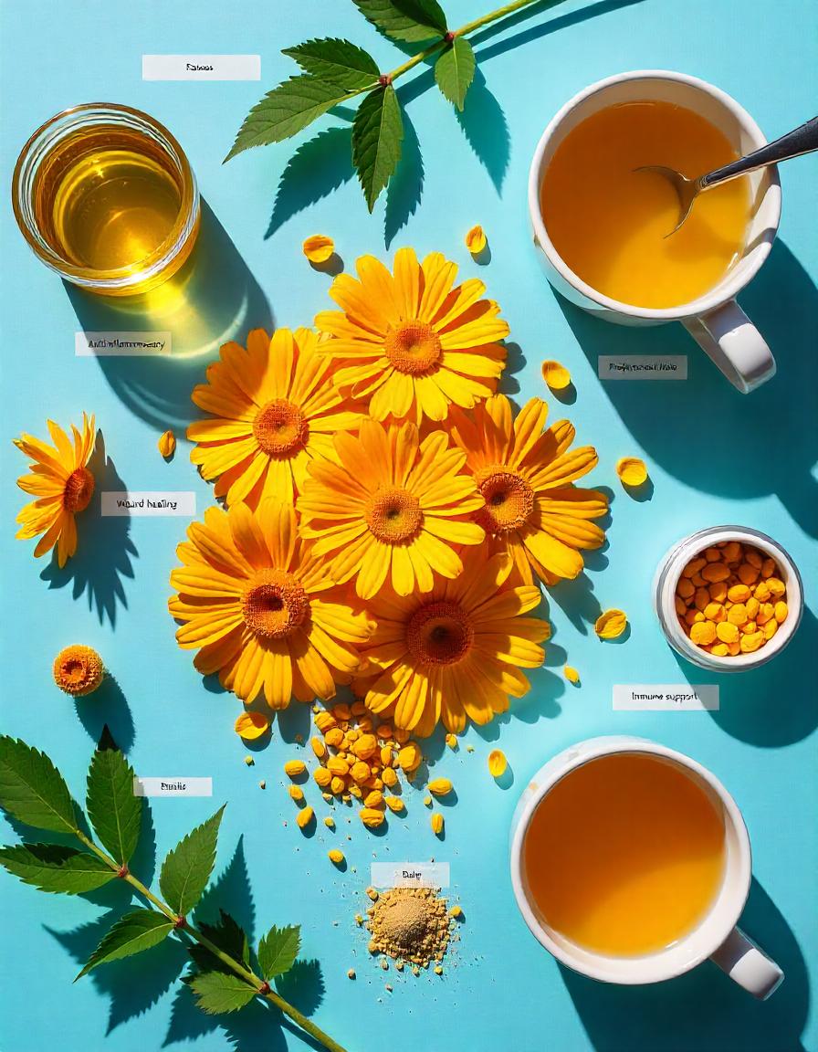 A visually appealing flat lay featuring calendula flowers in various forms, highlighting their benefits. In the center, bright yellow and orange fresh blooms, along with dried petals, are spread out. Surrounding them are small jars of calendula-infused oil, a container of calendula salve, and a tea cup with calendula petals floating inside. Small labels or text icons next to the items indicate their uses: