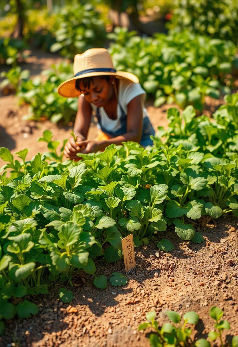 A lush garden bed filled with fresh, vibrant arugula leaves, showing their signature peppery green color. The arugula plants are densely sown, with some leaves ready for harvest while others are still growing. The leaves have a slightly jagged edge and are upright, basking in soft sunlight. The background features a light scattering of garden soil, and you can spot tiny arugula seeds being sowed by hand. A small label or garden marker identifies the plant as