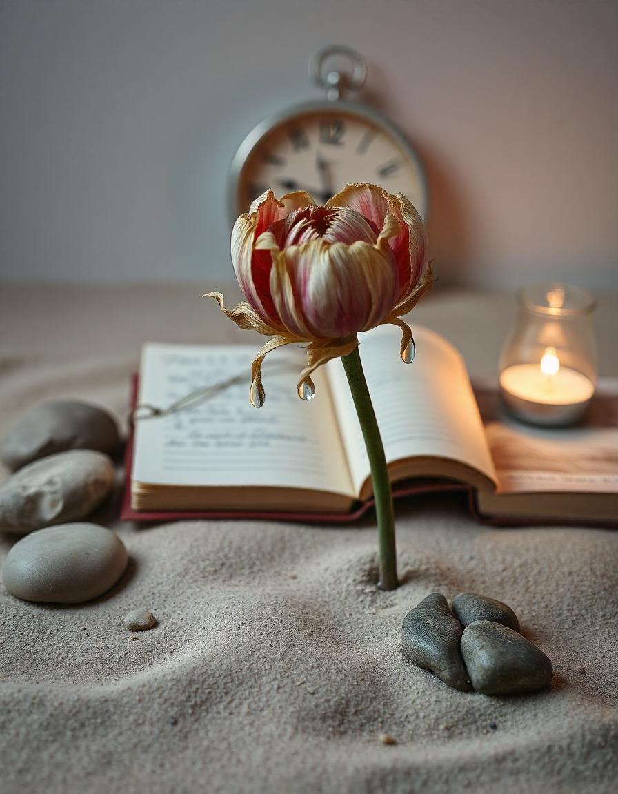 Create a contemplative scene featuring a withered flower with glistening tears, positioned at the center of a serene, minimalist setting. Surround the flower with soft, natural elements like smooth stones or delicate sand, suggesting a tranquil space for reflection.
Incorporate subtle symbols of mindfulness, such as a small, open journal with handwritten reflections or a lit candle casting a warm glow. Use a muted color palette that emphasizes earthy tones, evoking a sense of calm and introspection.
In the background, faint outlines of time-related symbols (like a clock or hourglass) can hint at the concept of mortality, but should be soft enough to maintain a peaceful atmosphere.
The overall composition should invite viewers to pause and reflect on the beauty of life’s fleeting moments, aligning with the modern trend of mindfulness and acceptance of impermanence.