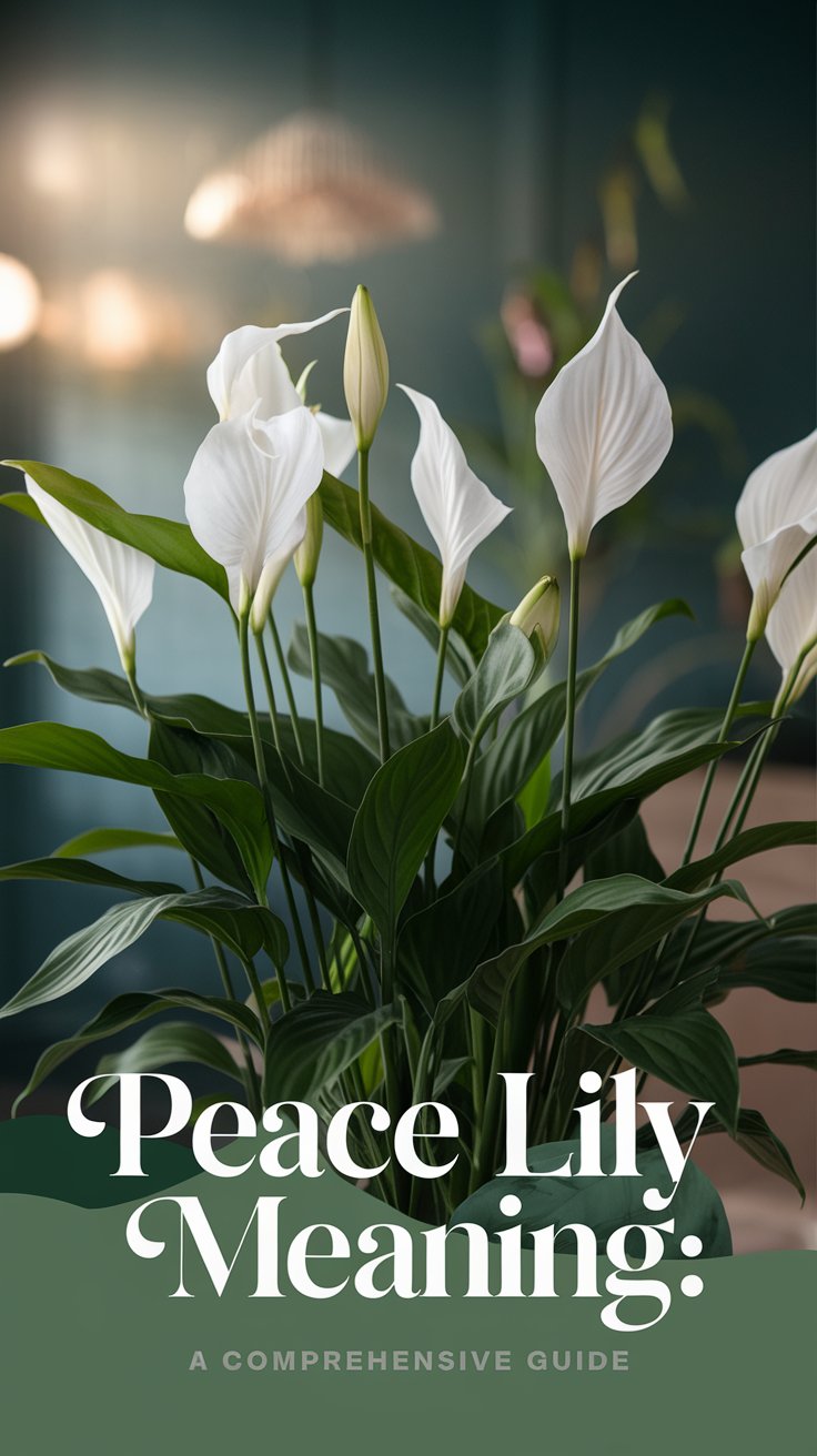 A close-up of a blooming peace lily plant with lush green leaves and elegant white flowers, set against a tranquil indoor background that evokes calm and serenity. The image highlights the peace lily’s graceful structure and delicate blossoms. The background softly blurs to keep focus on the plant’s beauty, symbolizing peace and purity. A subtle, soft light filters through the scene, adding warmth and depth. The text overlay reads